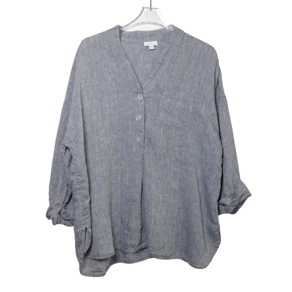 Pure Jill J Jill Linen Popover Tunic Top XL Petite Blue Button V-Neck‎ Oversized